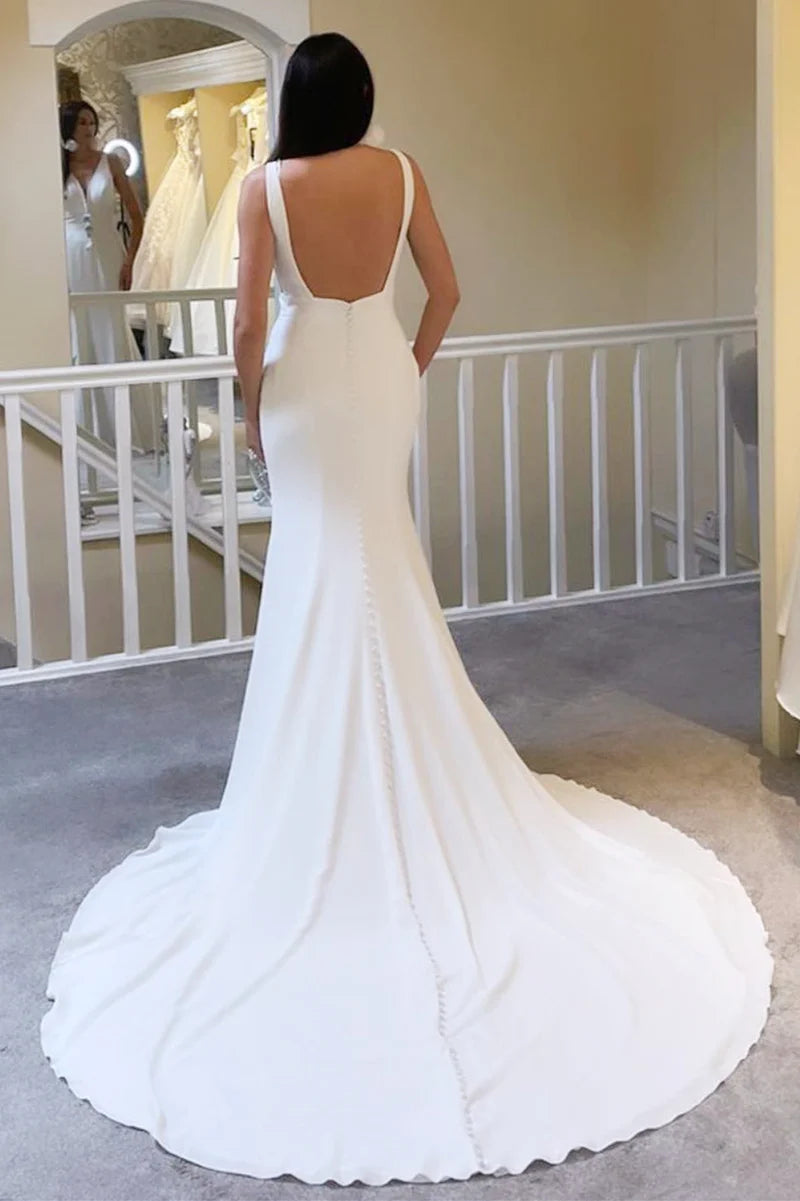 Ivory Backless V-Neck Mermaid Long Wedding Dress