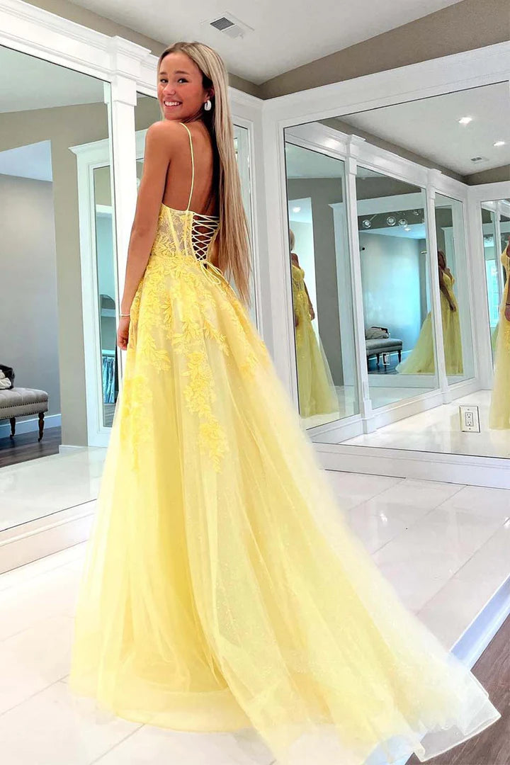 A-Line Princess Tulle Yellow Corset Long Prom Dress