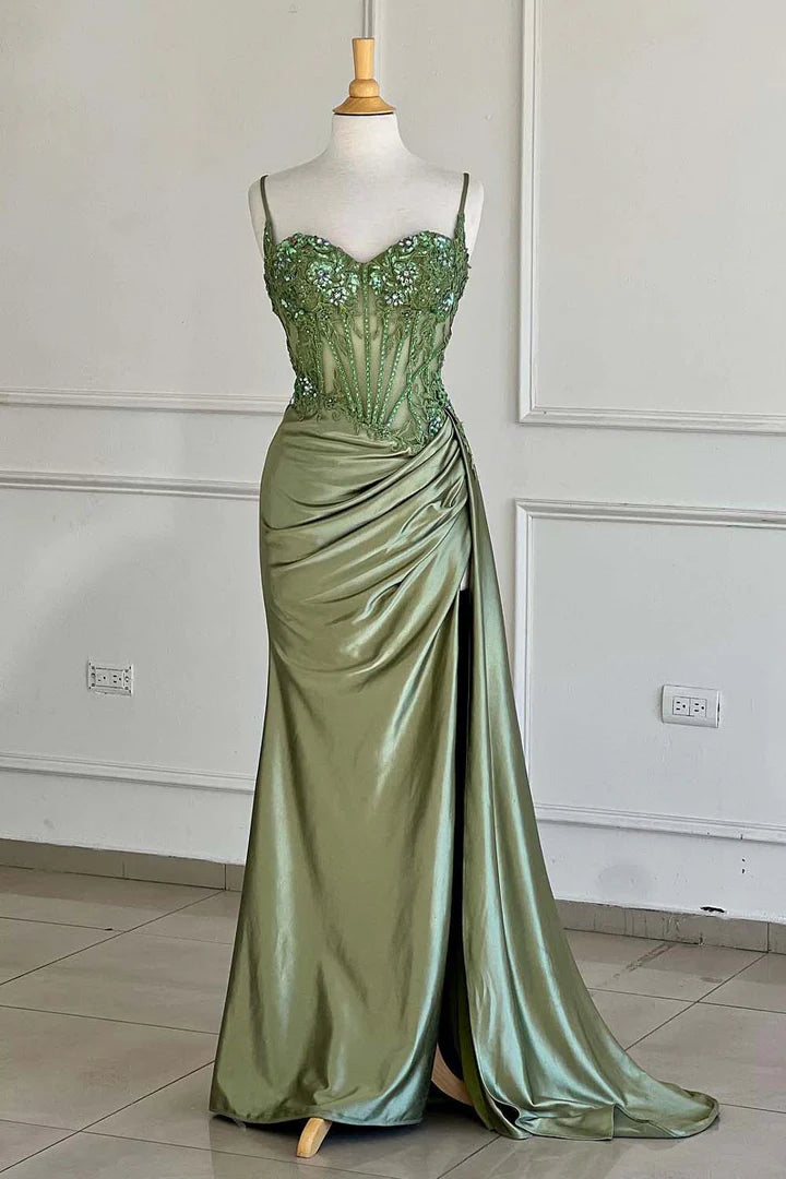Spaghetti Strap Corset Long/Floor-length Ruched Slit Satin Prom Dress With Appliques