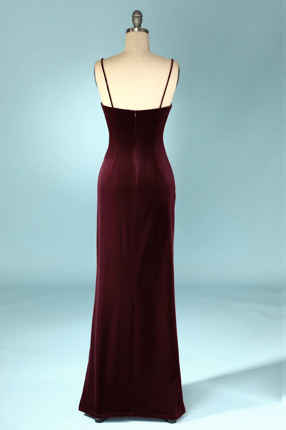 Burgundy Velvet Spaghetti Strap Floor-length Evening Prom Dress