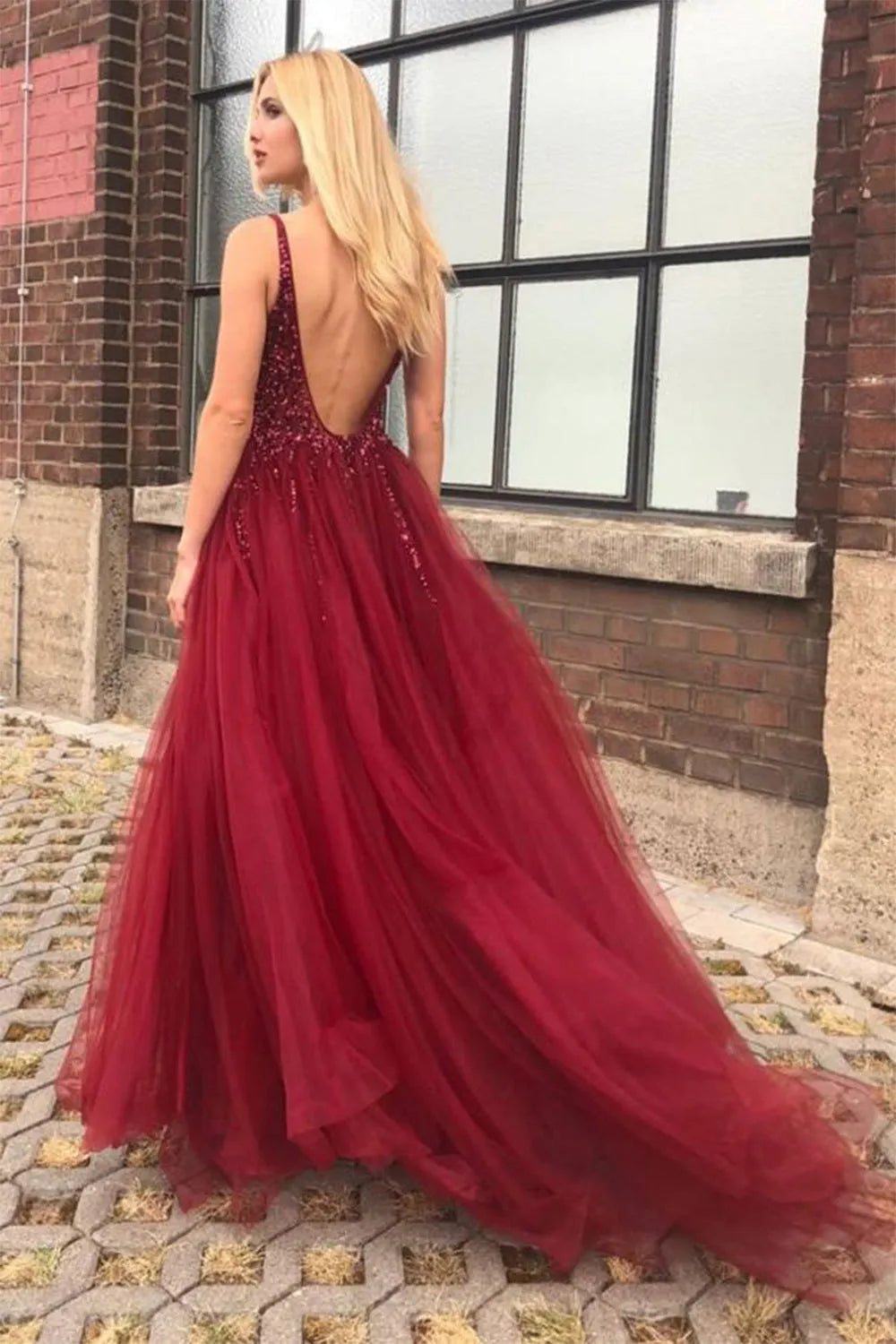 A-Line Princess Burgundy Beaded Tulle Backless Long Prom Dress with Slit