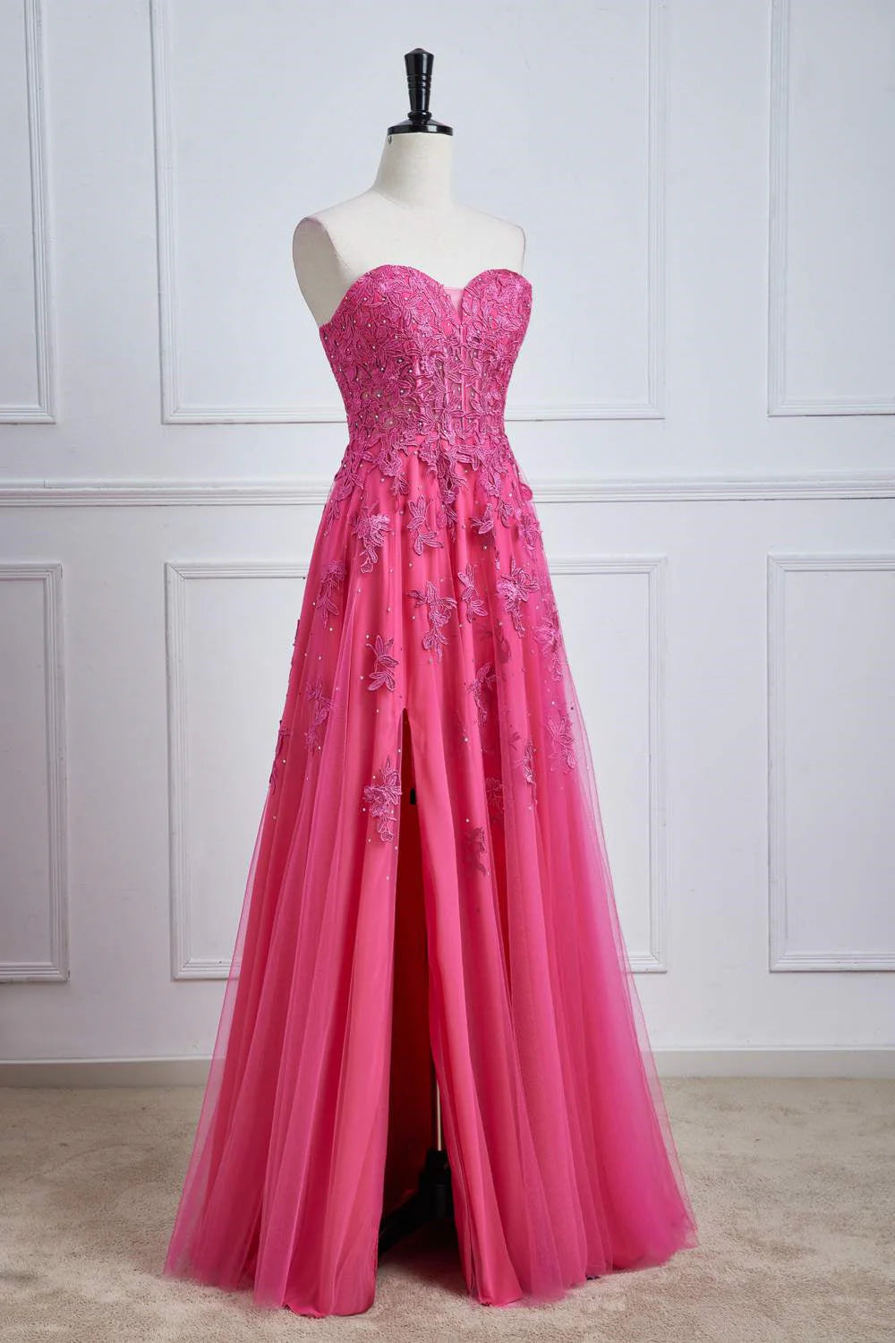 A-Line Long Dress Sweetheart Hot Pink Lace Corset Prom Dress with Slit
