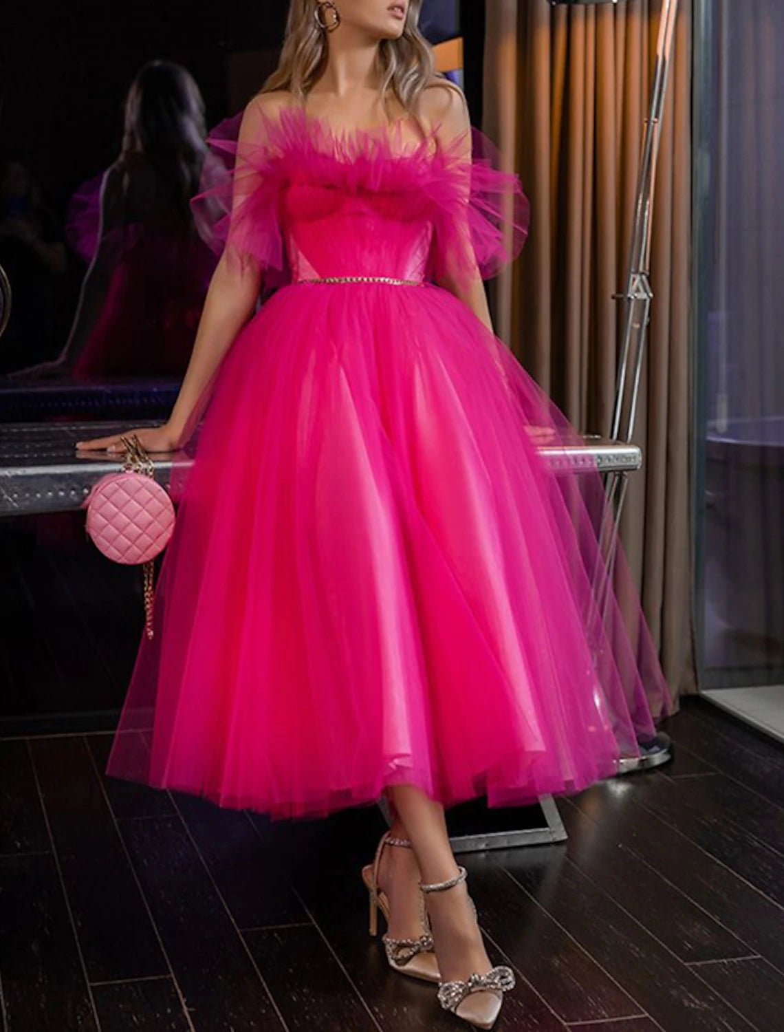 A-Line Evening Gown Party Wear Tea Length Sleeveless Strapless Tulle with Pleats