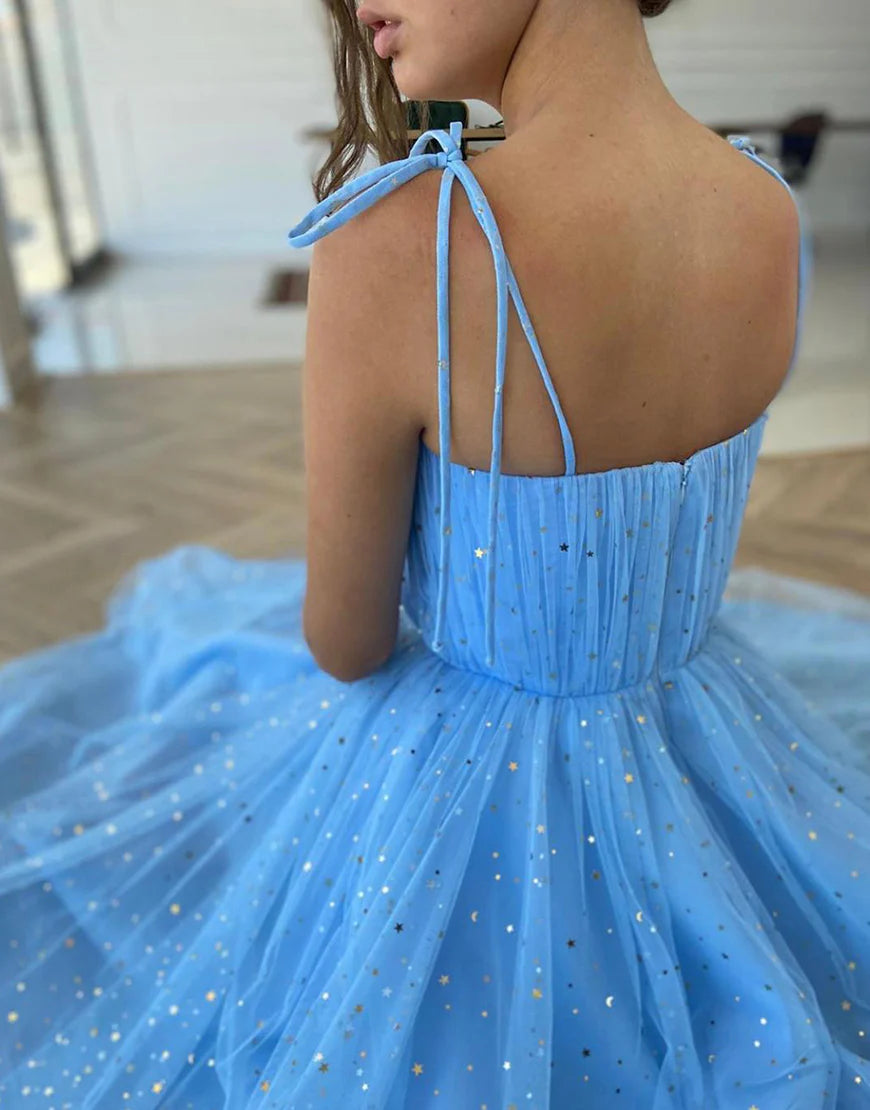 Glitter A-Line Princess Tulle Blue Sweetheart Homecoming Dress with Stars