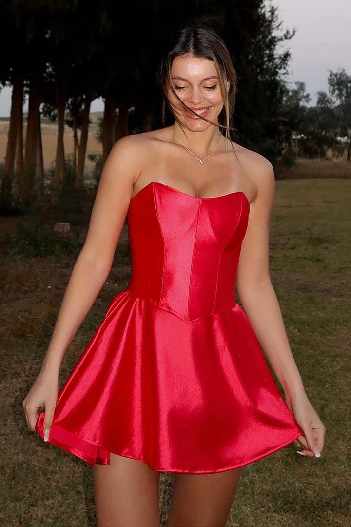 Cute A-Line Red Corset Bodice Strapless Homecoming Dress
