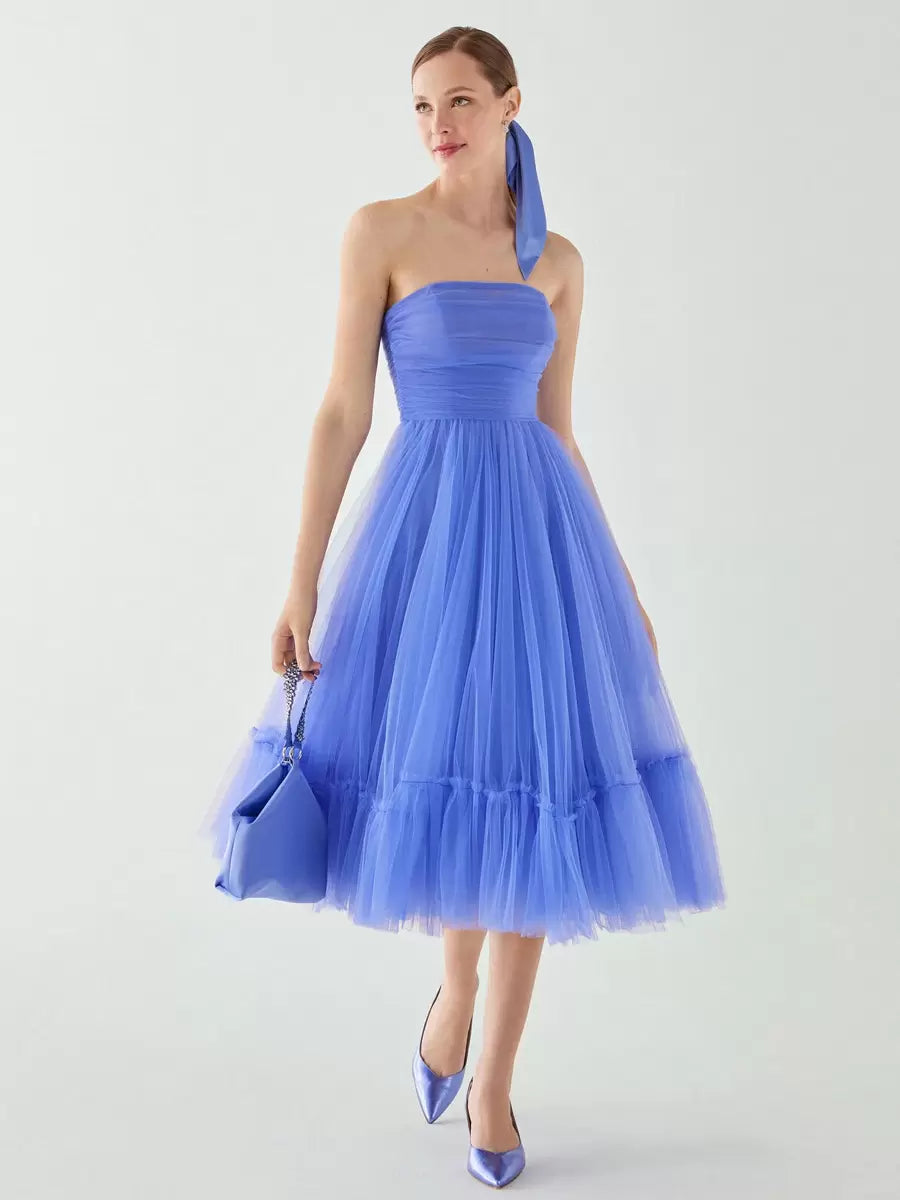A-Line Princess Evening Dress Short Strapless Tea-Length Sleeveless Pleated Tulle Prom Dresses