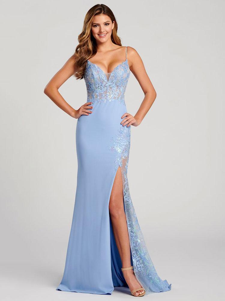 V-Neck Backless Floor-Length Applique Light Sky Blue Evening Dress Wedding Guest Dresses