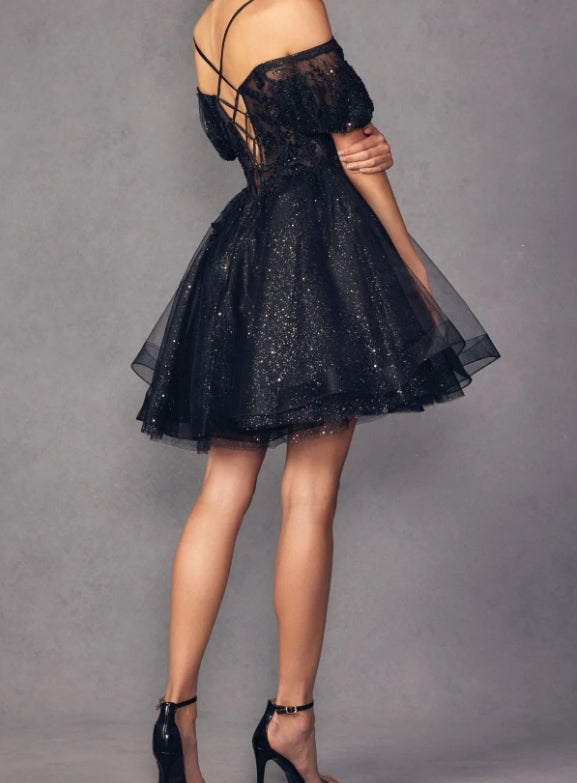 Puff-Sleeve Short A-Line Shimmer Prom Dress Party Dress
