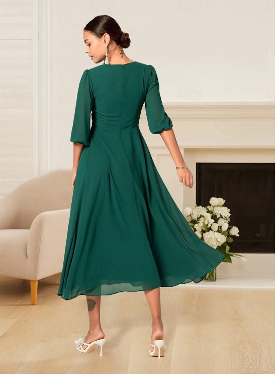 A Line Dress Chiffon Ruffle Party Wedding Guest Elegant Formal V Neck 3/4 Length Sleeve Flared Sleeve