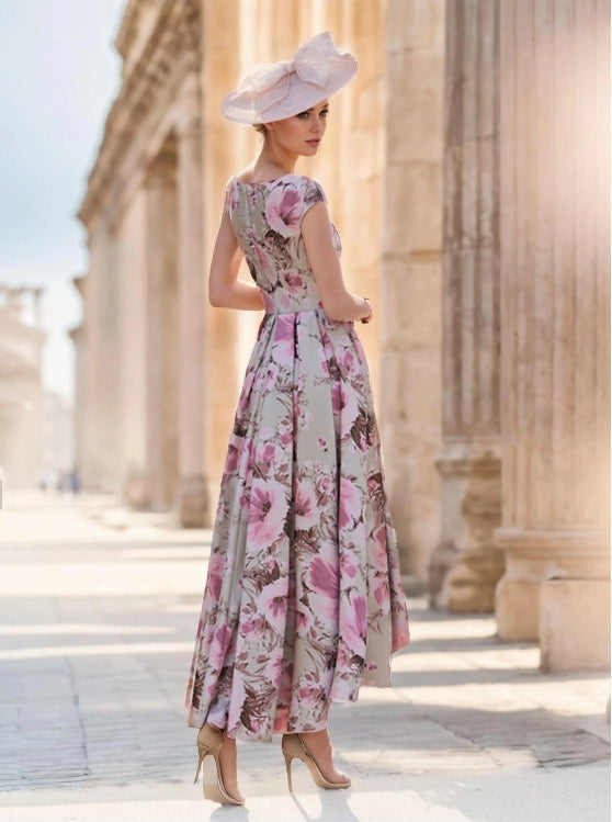A-Line Wedding Guest Dress Floral Dress Vintage V Neck Satin Polyester Short Sleeve with Bow(s) Flower