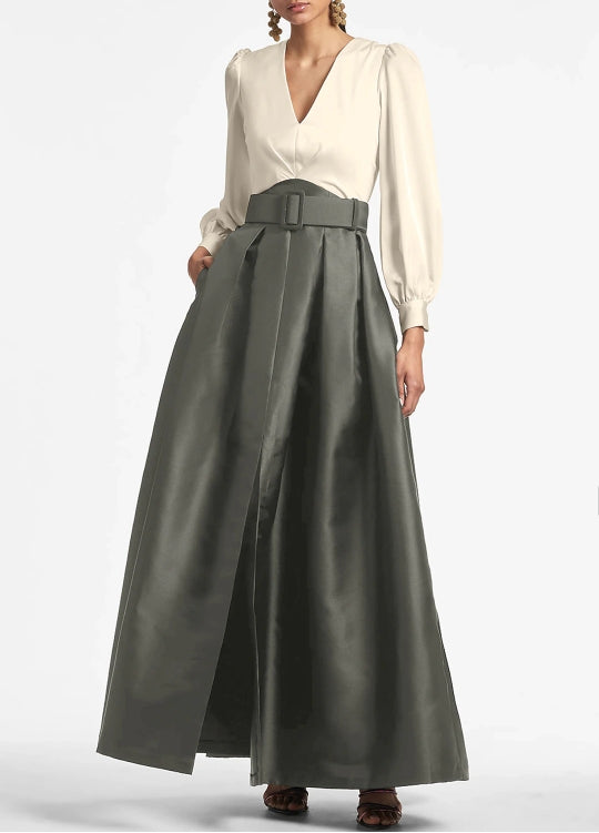 A-Line Party Dress Wedding Guest Floor Length Short Sleeve V Neck Belt / Sash Satin with Pleats