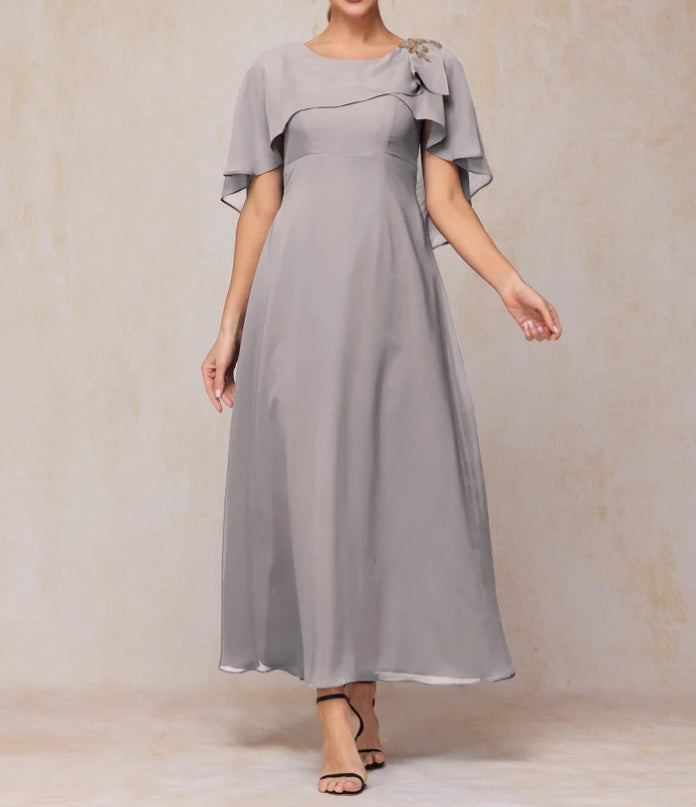 Short Sleeves Ankle Length Cape Chiffon Mother Of The Bride Dress