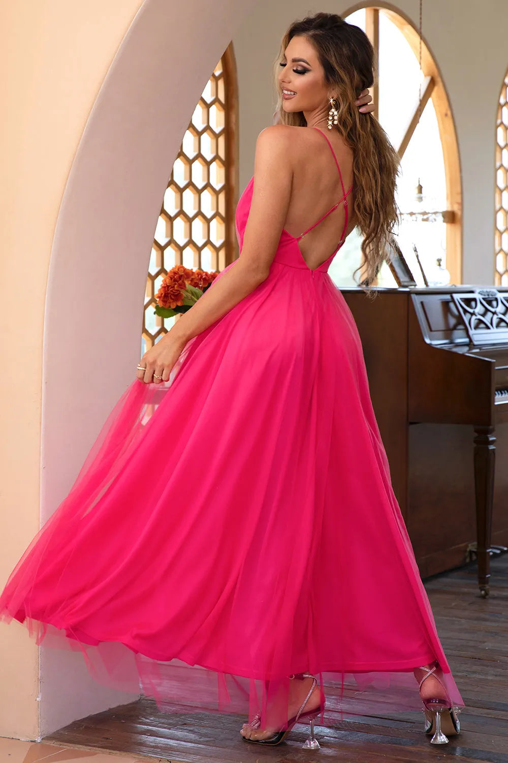 Fuchsia Tulle Spaghetti Straps Simple Prom Dress A-Line Princess Evening Dresses