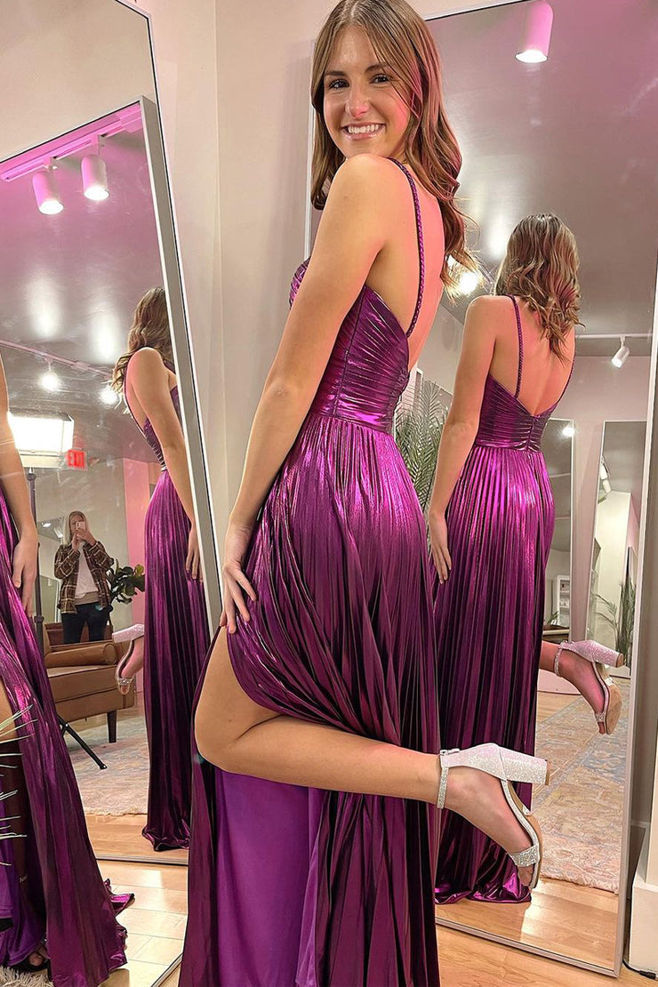Cute A Line Straps Cutout Purple Sparkly Satin Prom Dress with Slit