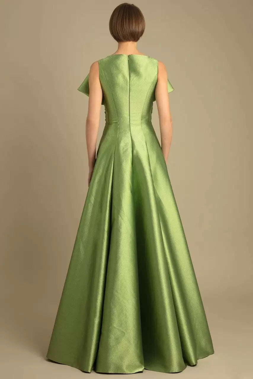 A-Line Designed Neckline Floor-Length Zipper Bows Satin Fabric Evening Dresses