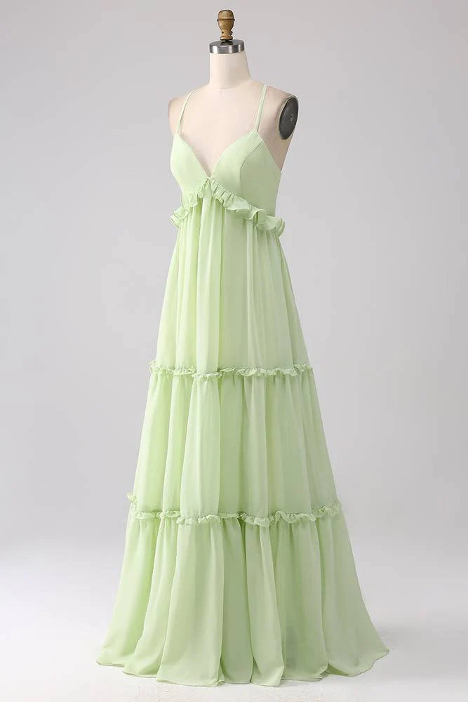 Straps Mint Green Empire A-Line Chiffon Maxi Dress