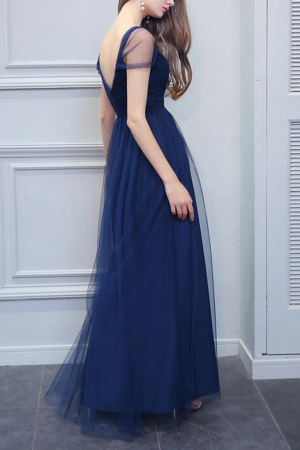 A-line V-neck Long Tulle Bridesmaid Dress Prom Dress
