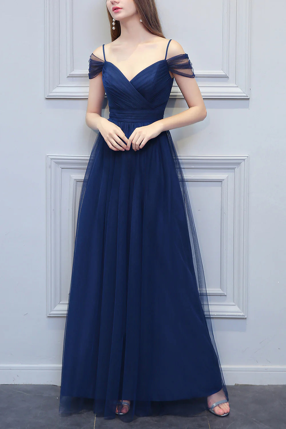 A-line V-neck Long Tulle Bridesmaid Dress Prom Dress