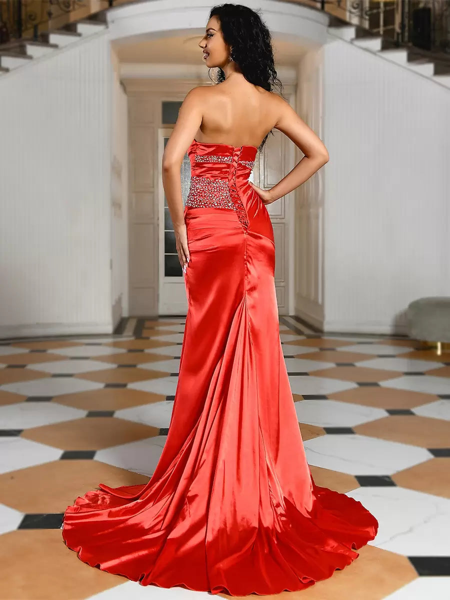 Mermaid Sweetheart Neck Satin Fabric Evening Dresses With Train Pleated Party Dresses