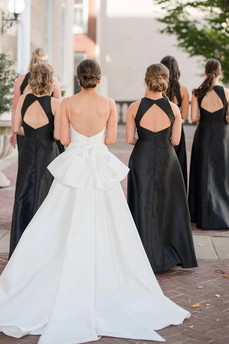 Simple A-Line Round Neck Satin Floor-length Bridesmaid Dresses