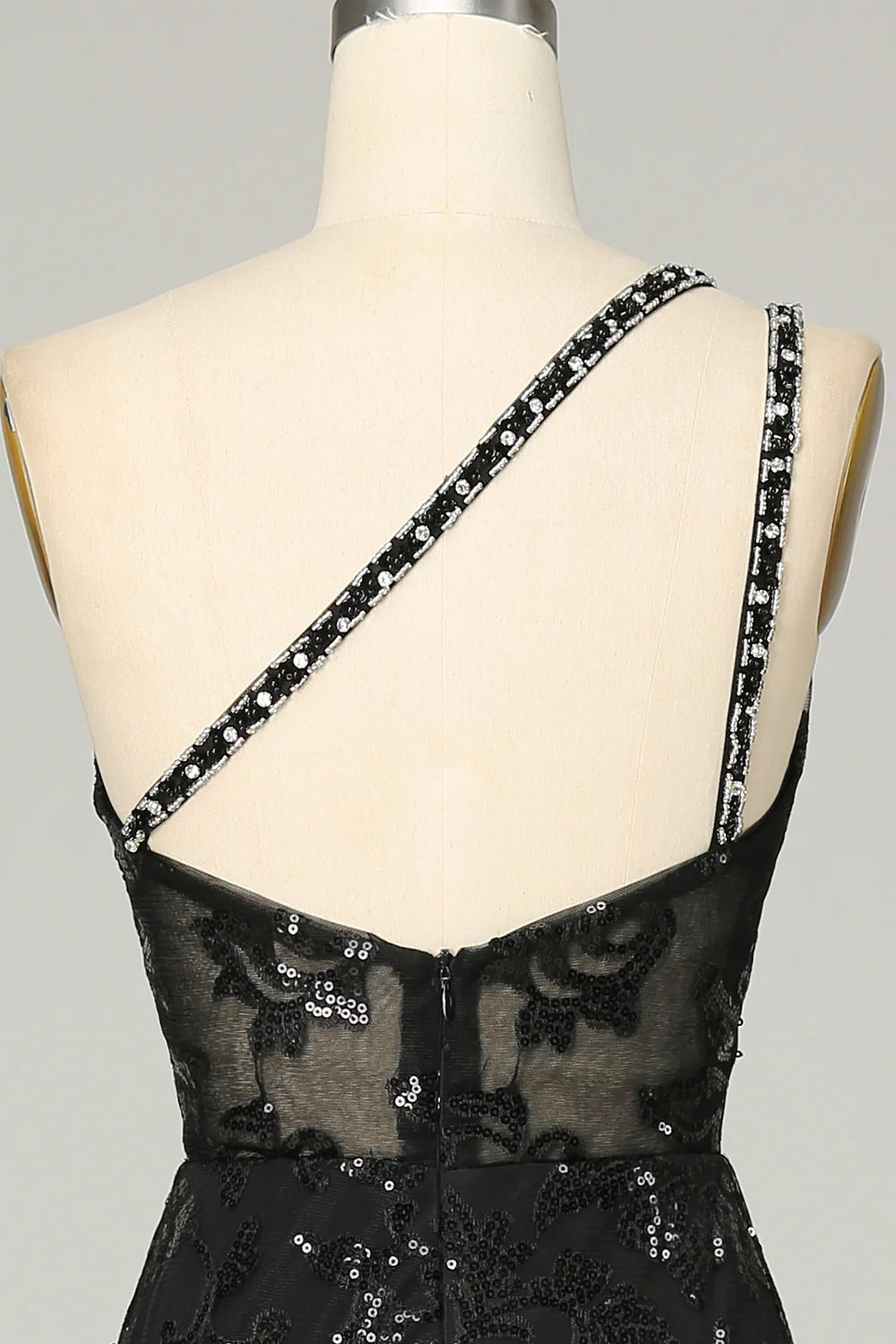 Mermaid Sheath One Shoulder Backless Sequins Black Lace Long Prom Dress