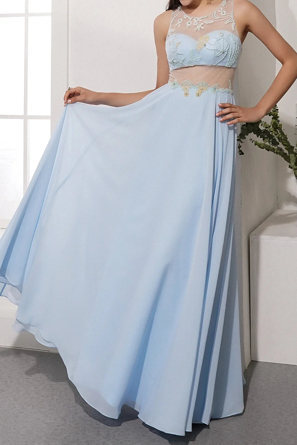 A Line Chiffon Prom Dress See-through Evening Dress With Appliques