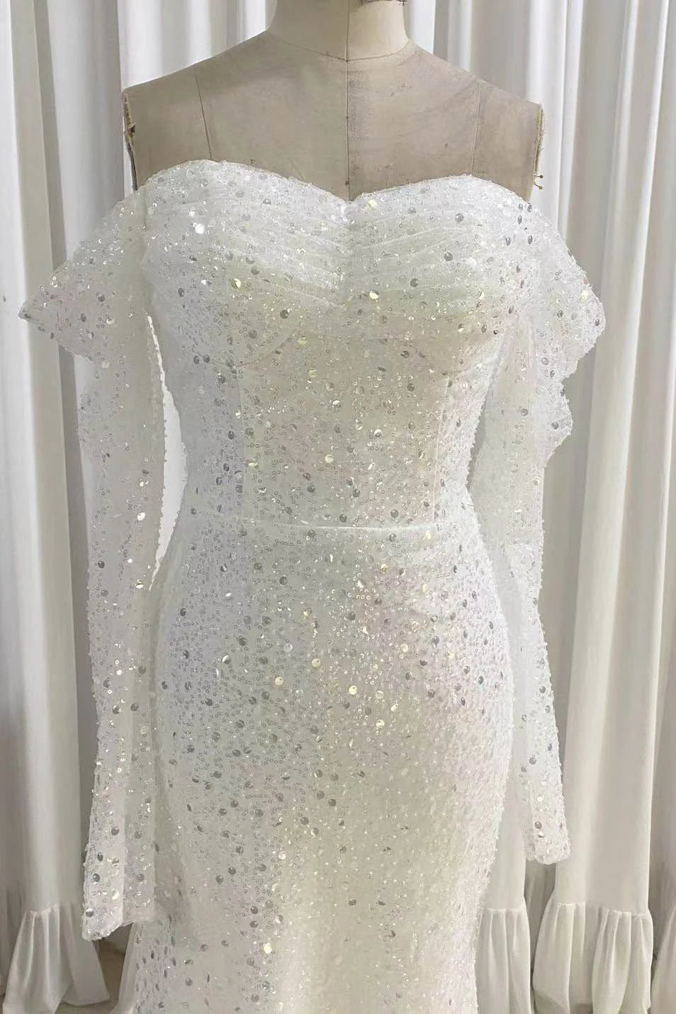 Sparkly Mermaid Sequined Prom Dress Long Sleeves Wedding Dress