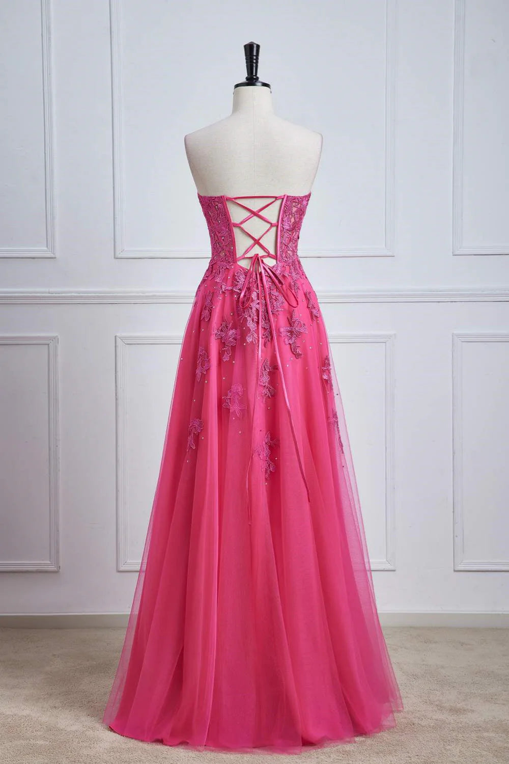 A-Line Long Dress Sweetheart Hot Pink Lace Corset Prom Dress with Slit