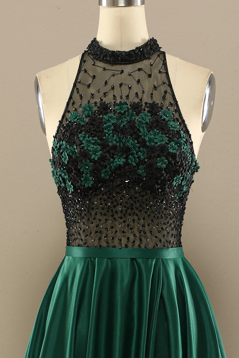 A-Line Halterneck Long Beaded Evening Dress Prom Dress With Flowers