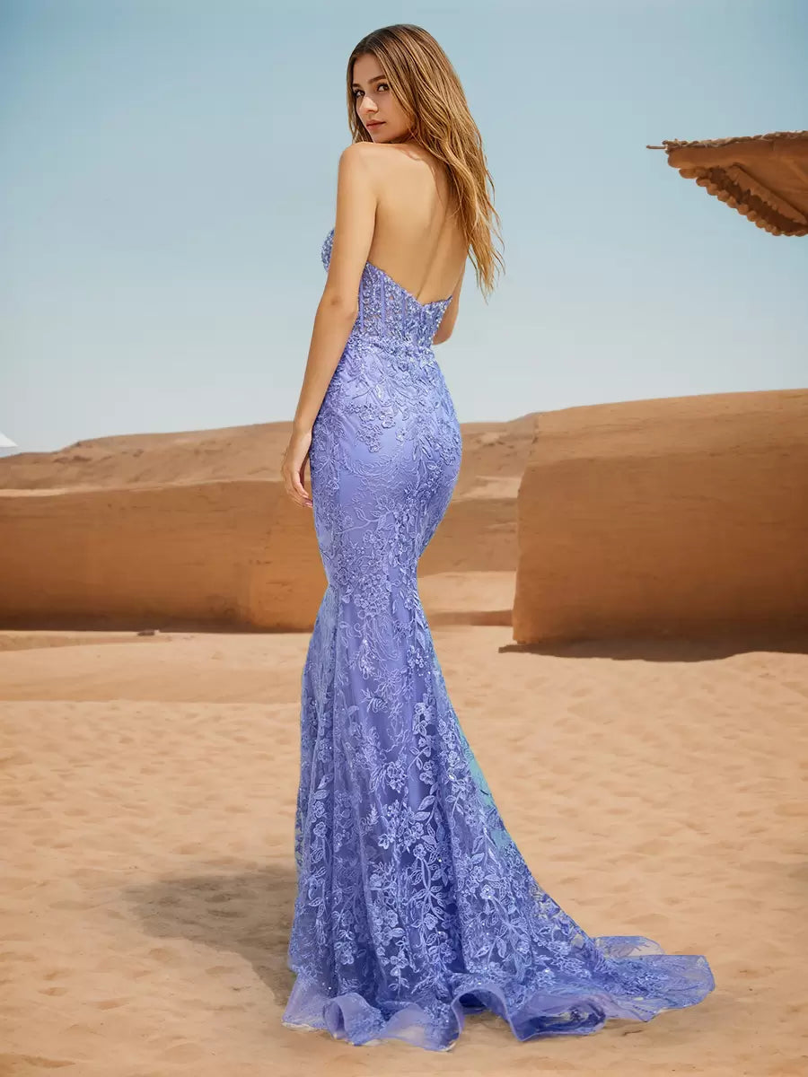 Mermaid Sweetheart Neck Lace Sweep Lace Formal Prom Dresses Evening Dresses