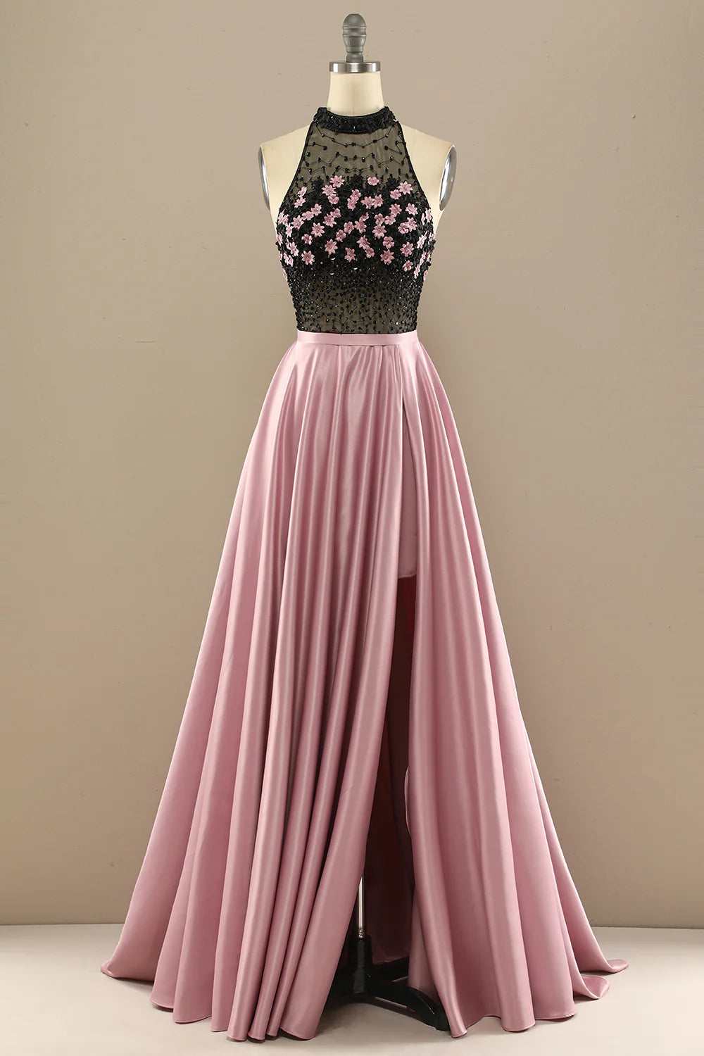A-Line Halterneck Long Beaded Evening Dress Prom Dress With Flowers