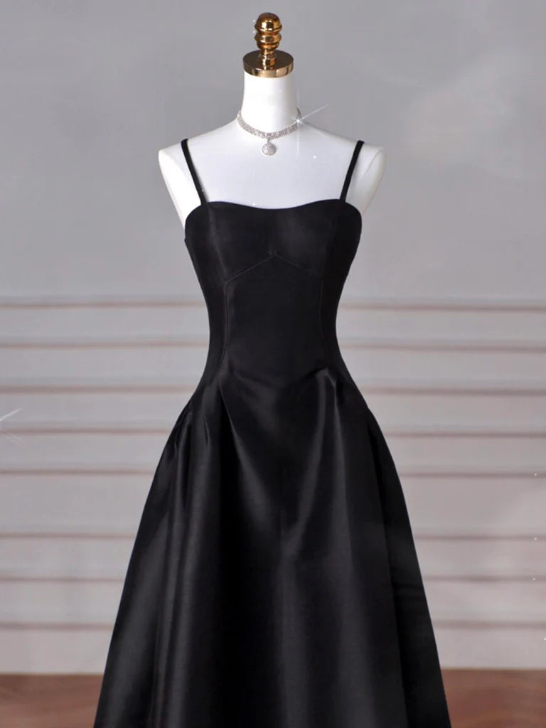 A-Line Satin Black Long Spaghetti Strap Prom Dress Evening Dress