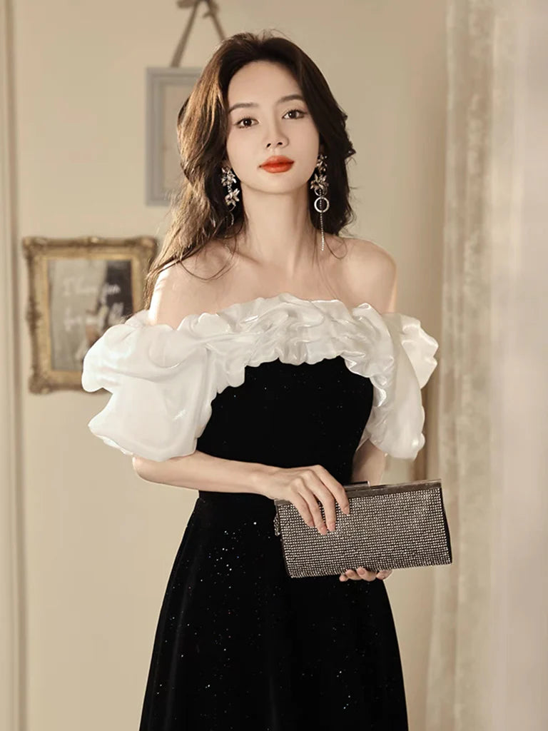 A-Line Off Shoulder Velvet Black Long Prom Dress Evening Dress