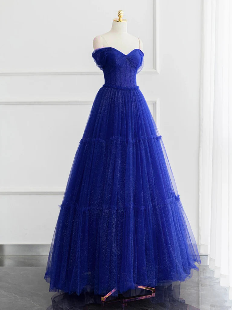 A-line Off Shoulder Tulle Shiny Burgundy Long Prom Dress Formal Dress