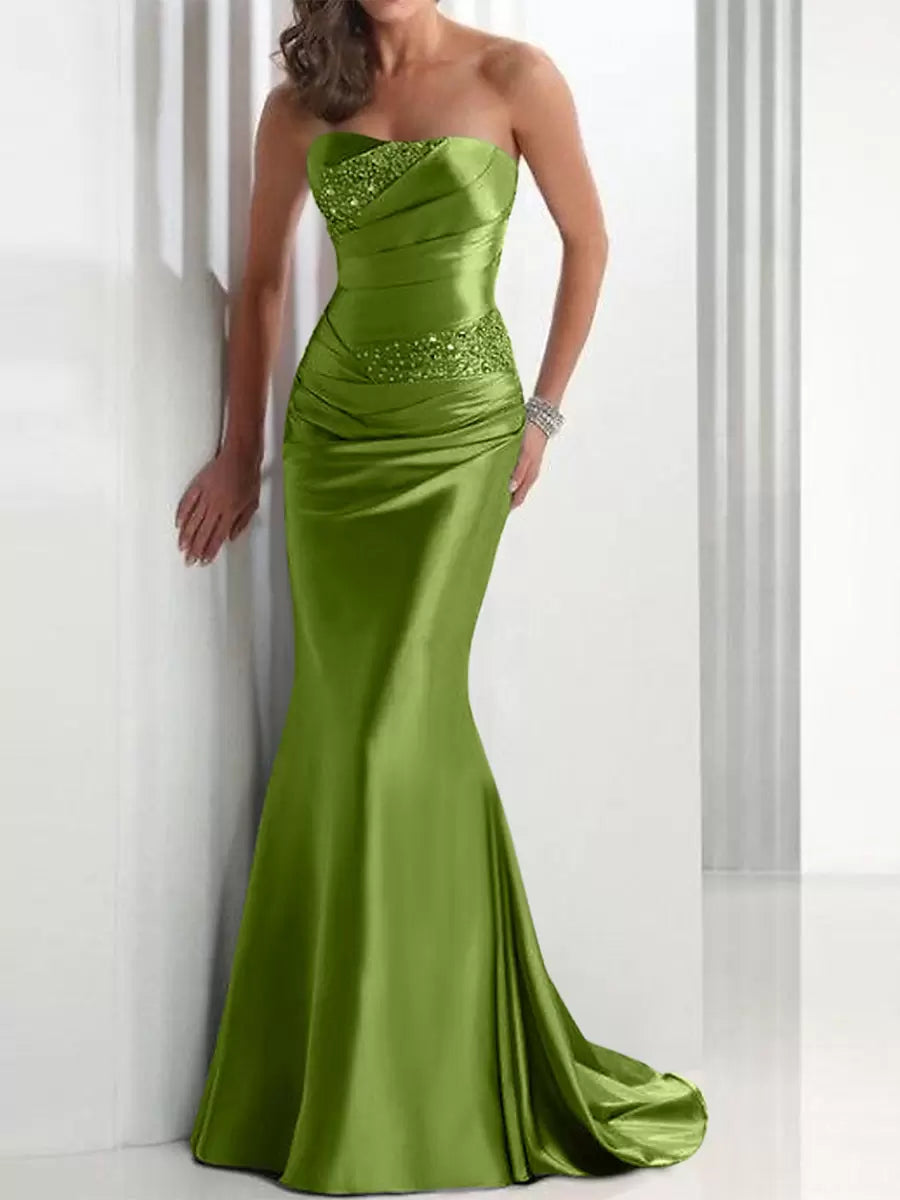 Mermaid Sweetheart Neck Satin Fabric Evening Dresses With Train Pleated Party Dresses