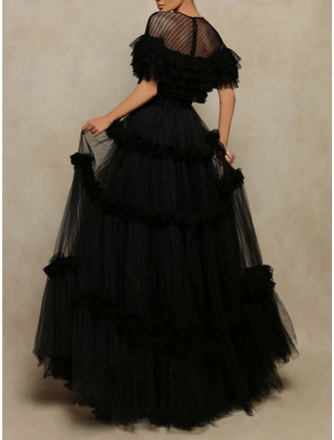A-Line Prom Dresses Jewel Neck Tulle with Pleats Ruffles