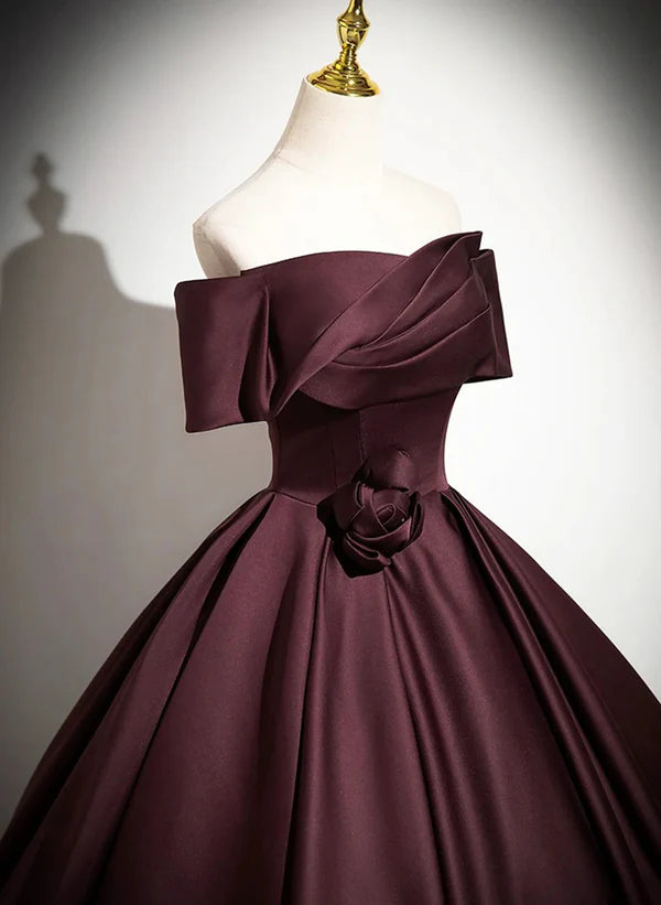 A-Line Princess Ball Gown Maroon Off Shoulder Satin Long Formal Party Dress Evening Dress