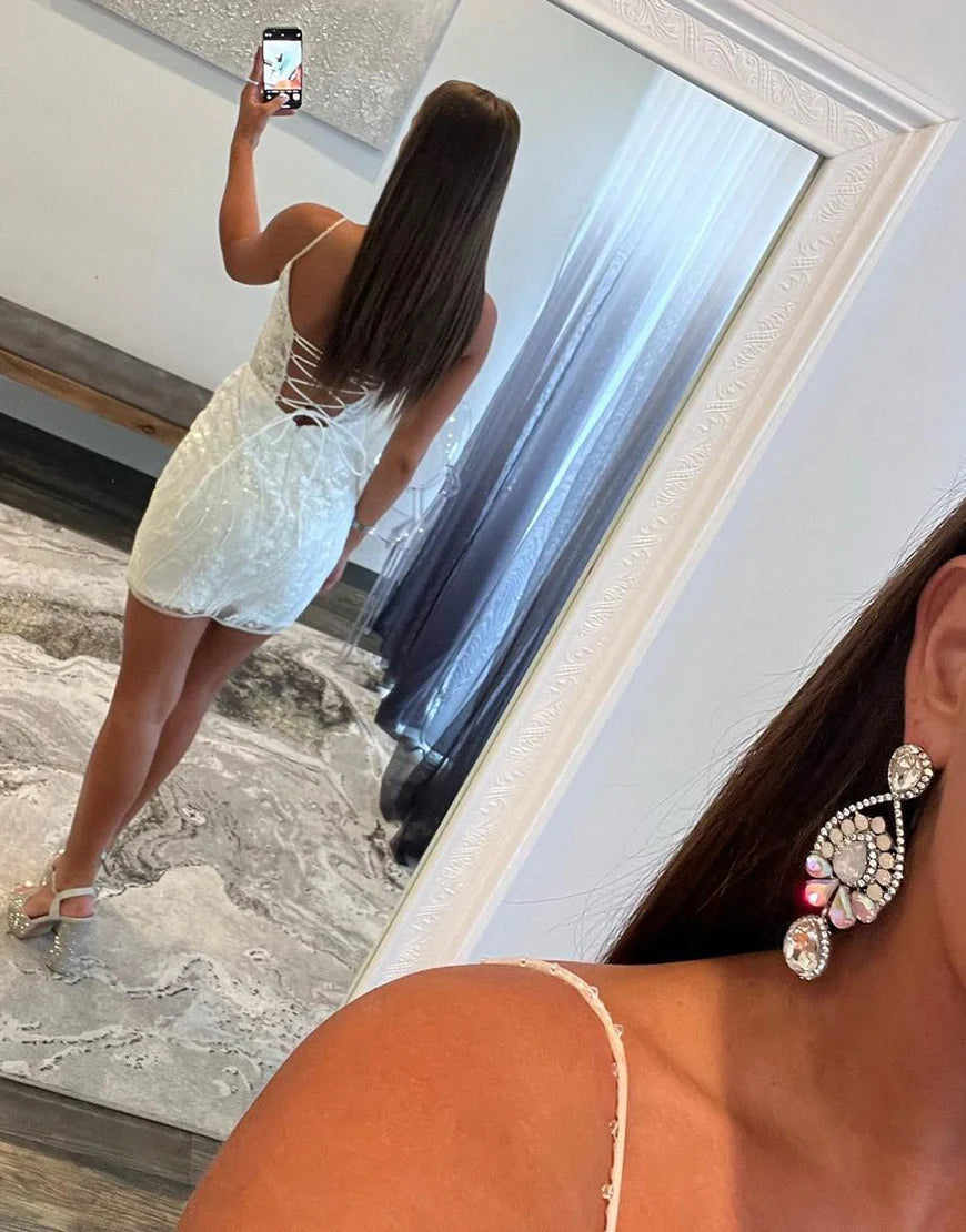 White Spaghetti Straps Bodycon Short Homecoming Dress With Lace Up Back