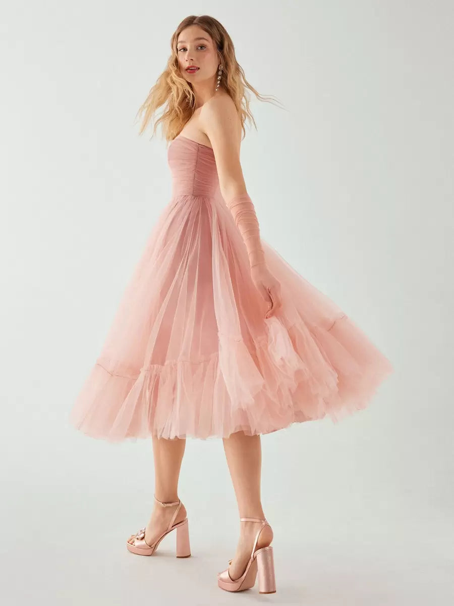 A-Line Princess Evening Dress Short Strapless Tea-Length Sleeveless Pleated Tulle Prom Dresses