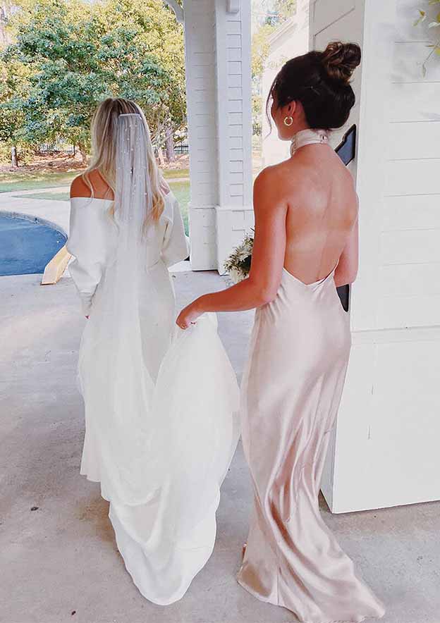 Sheath/Column Halter Sleeveless Satin Bridesmaid Dress Wedding Guest Party Dresses