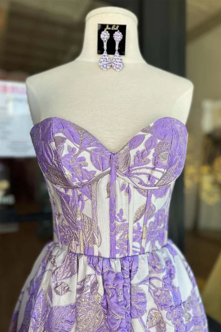 Strapless Floral Corset A-Line Long Prom Dress with Ruffle Hem