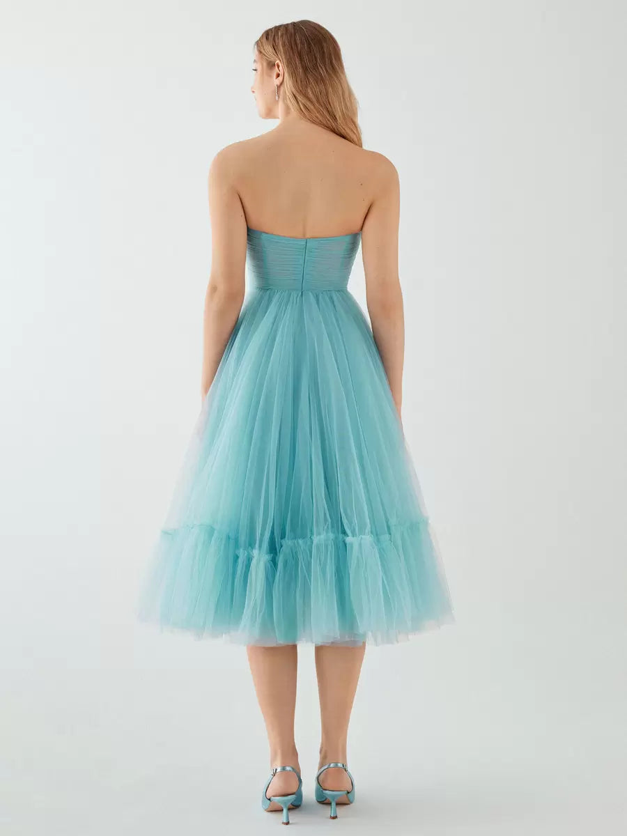 A-Line Princess Evening Dress Short Strapless Tea-Length Sleeveless Pleated Tulle Prom Dresses