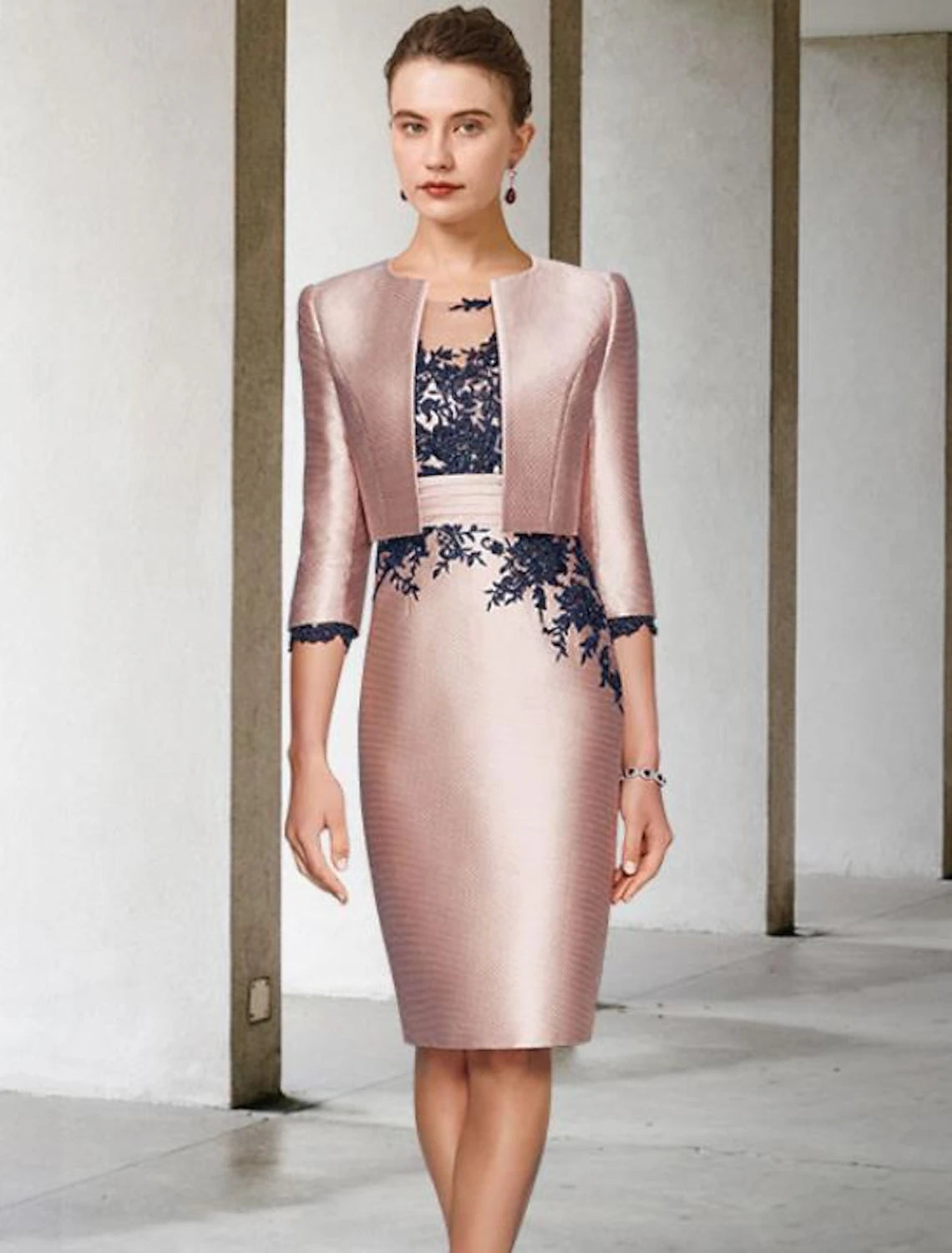 Two Piece Mother of the Bride Dress Wedding Guest Satin Lace 3/4 Length Sleeve Short Jacket Dresses with Appliques Color Block