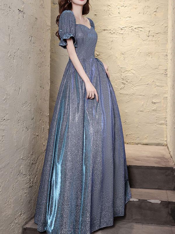 A-Line Square Neck Floor-Length Short Sleeves Lace-up Sequined Evening Dresses