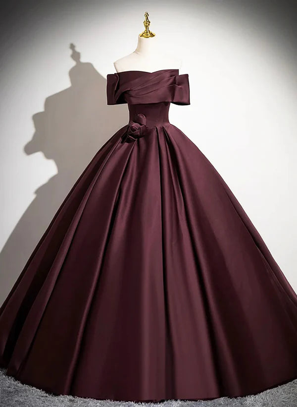 A-Line Princess Ball Gown Maroon Off Shoulder Satin Long Formal Party Dress Evening Dress