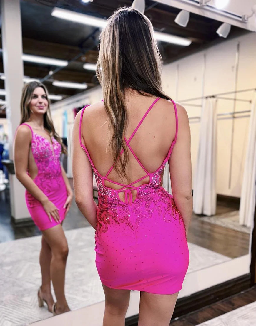 Sheath Sparkly Hot Pink Sequined Tight Backless Homecoming Dress