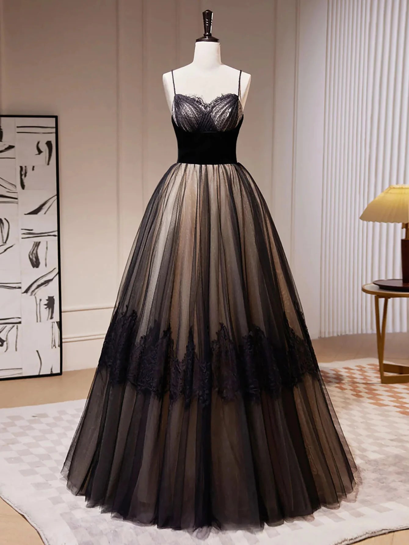 A Line Spaghetti Straps Tulle Long Prom Dress Ballgown