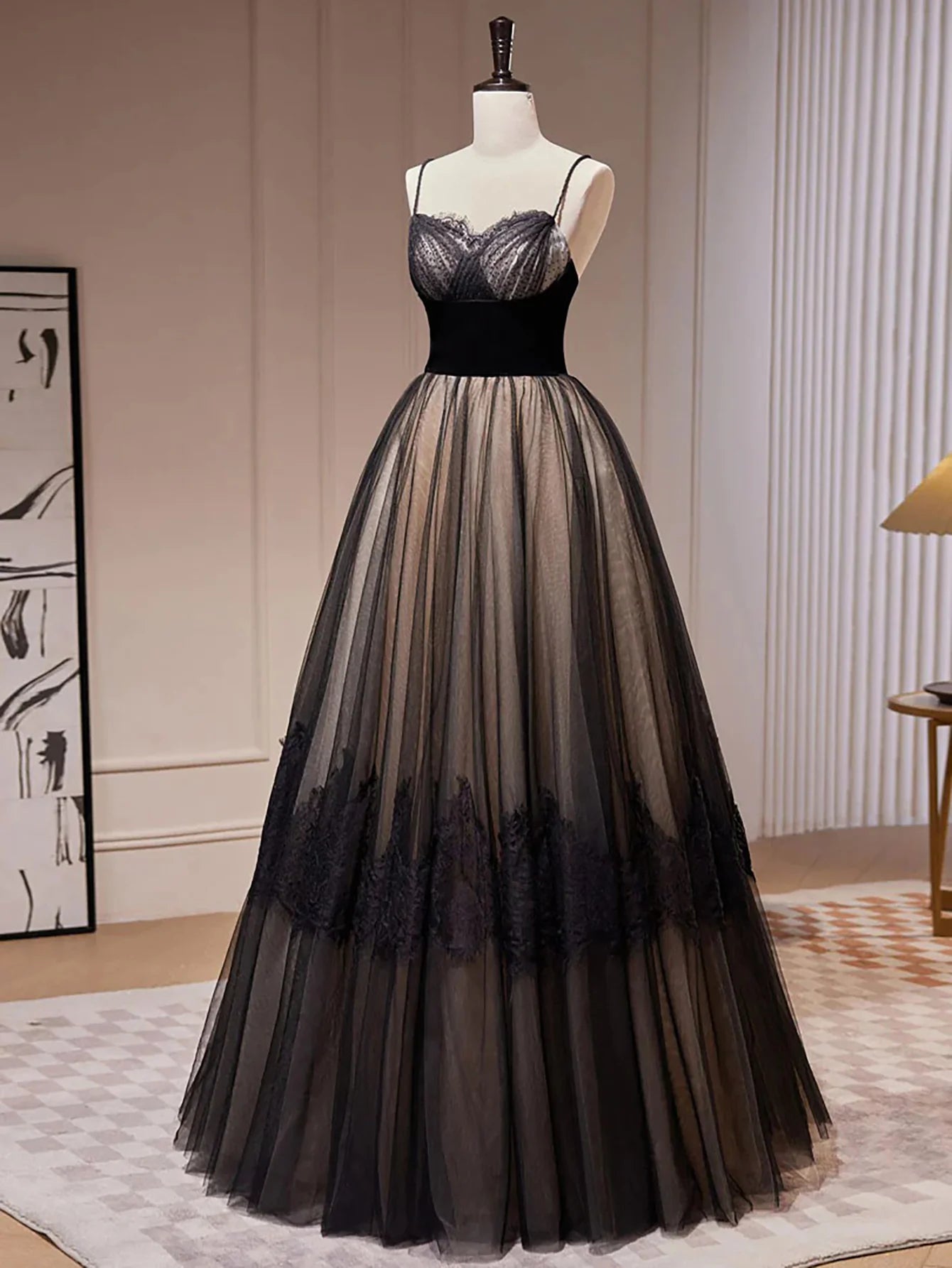 A Line Spaghetti Straps Tulle Long Prom Dress Ballgown