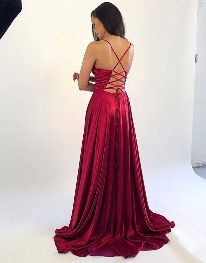 A-Line Satin Long Dress Dark Red Prom Dress With Slit