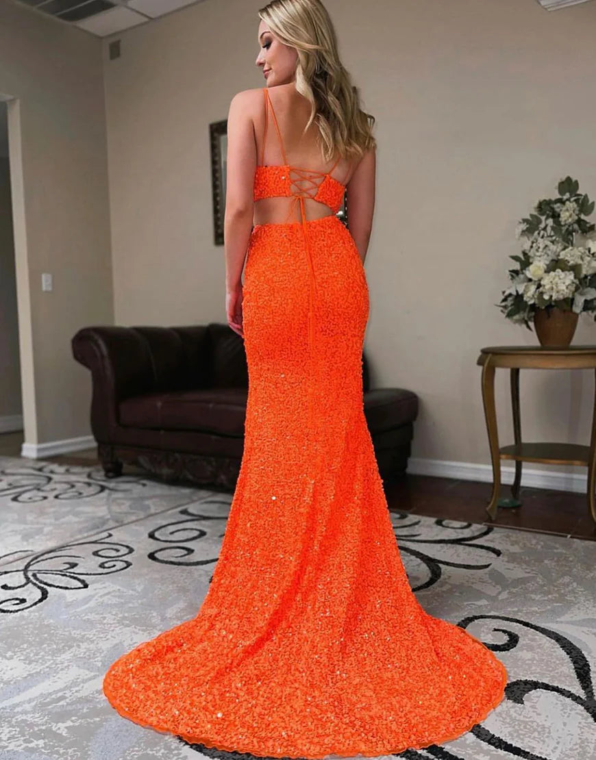 Orange Mermaid Sequin Two Piece Prom Dress
